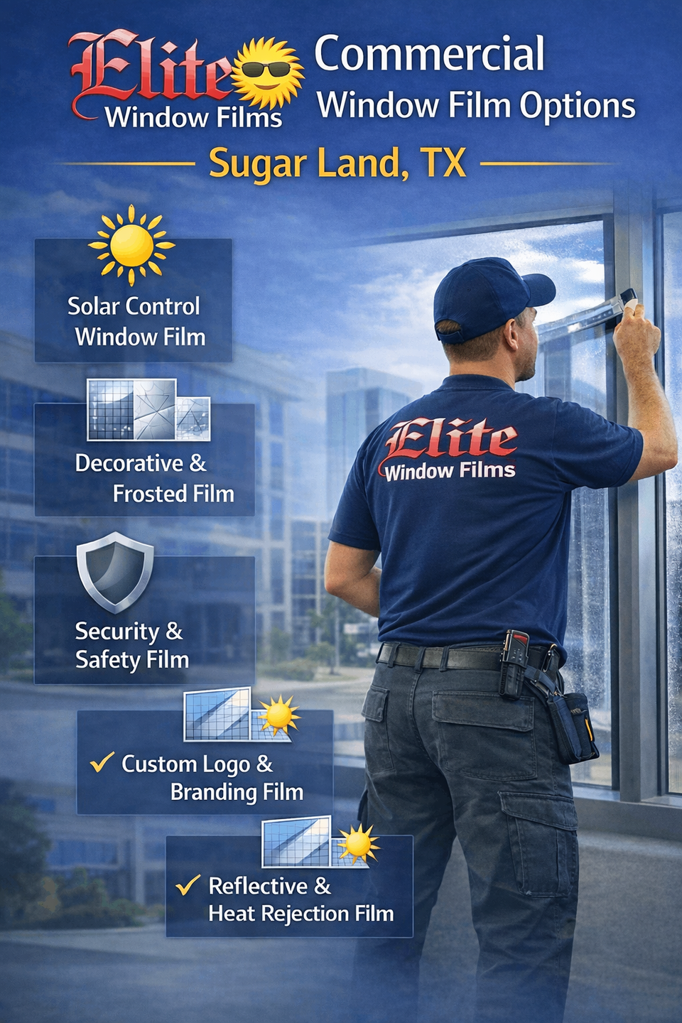 Commercial window film options graphic showing solar control, decorative, security, and reflective films in Sugar Land, TX