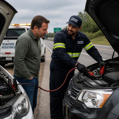 Technician helping with a car battery jump start on the roadside