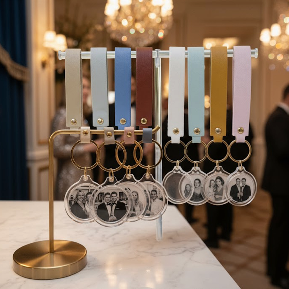 Display of personalized photo keychains with printed photos