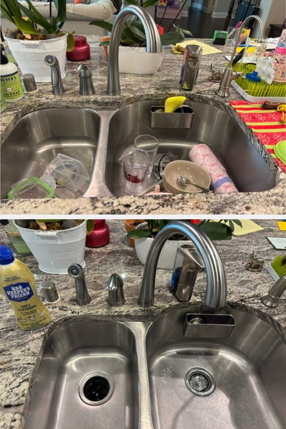 Before-and-after comparison of a kitchen sink and counter area cleaned by Reliably Clean by YG