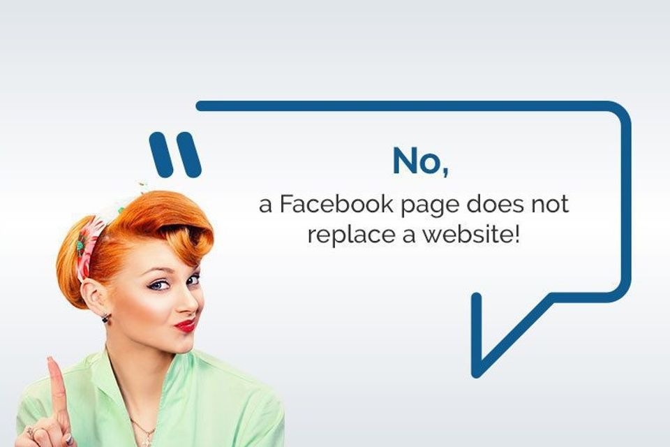 A person with red hair in a green shirt and headband holding up a finger, emphasizing the importance of a website over just a Facebook page, highlighted by a speech bubble stating, 'No, a Facebook page does not replace a website!