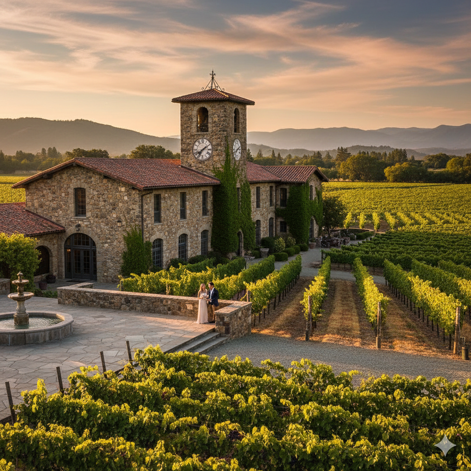 Luxury stone vineyard estate with a clock tower and flagstone patio in Napa Valley—Premium outdoor masonry and custom tile design by LuXe Design Tile and Granite inc.