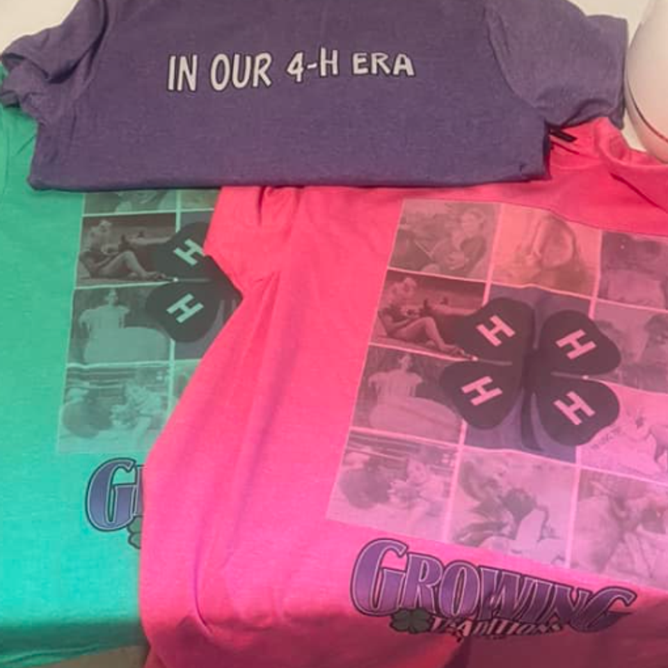 Custom 4-H T-shirts in purple, green, and pink featuring "In Our 4-H Era" text and a collage-style Growing Traditions design.