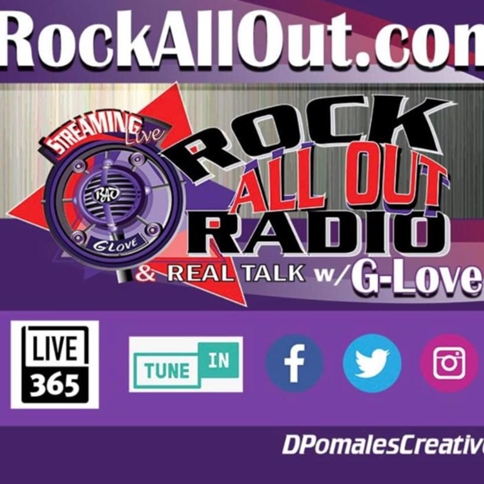 Rock All Out Radio promotional graphic featuring social media and streaming platform logos.