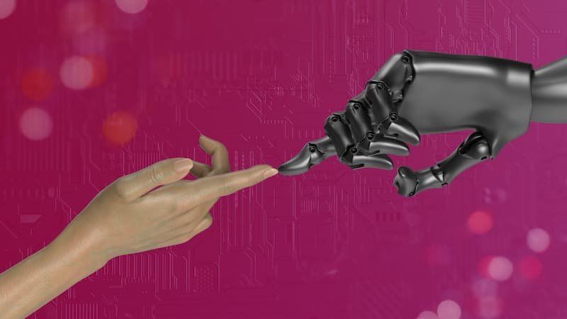Human index finger touching robot index finger 