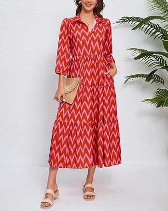 Flowy v neck maxi shirt dress – lightweight  ruffled   pocket friendly for effortless style printed
