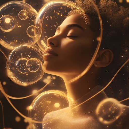 Ethereal photo of a woman surrounded by golden bubbles 