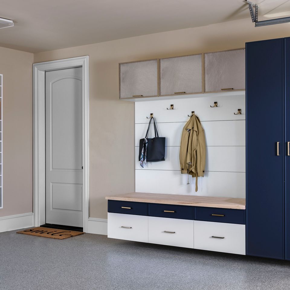 White and galaxy slim shaker with lift up metal doors mudroom jun 2020