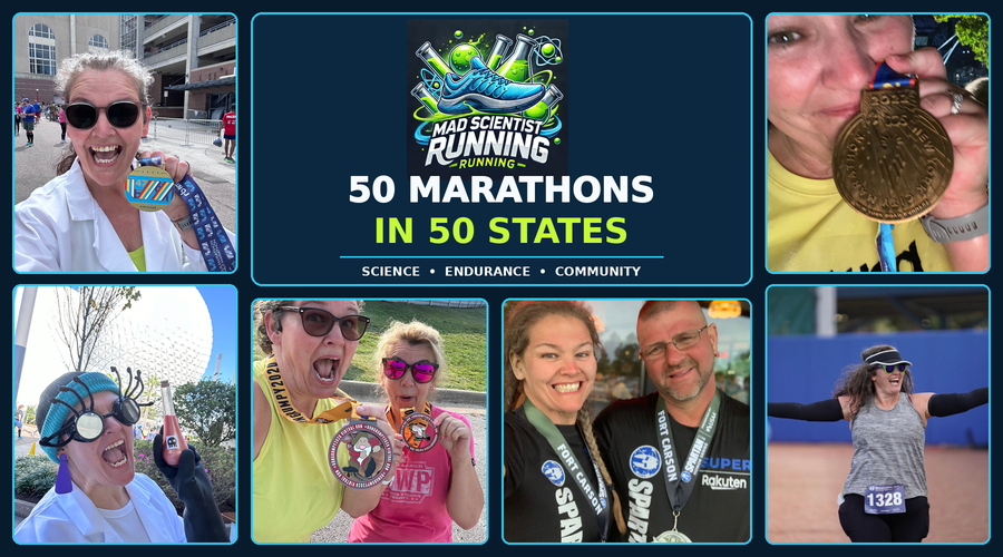 Mad Scientist Running collage featuring Laura Gary, medical laboratory science, marathon achievements, and the 50 Marathons in 50 States initiative