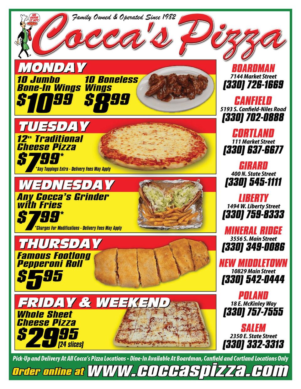 Cocca’s Pizza weekly specials menu featuring wings, pizza, grinders, pepperoni rolls, and family-size pizza deals.