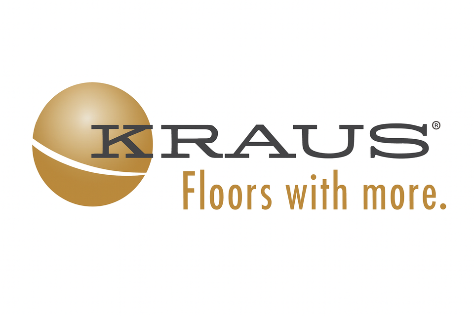 Kraus logo with a golden sphere and white curved line, bold uppercase “KRAUS” text, and slogan “Floors with more.™” below.