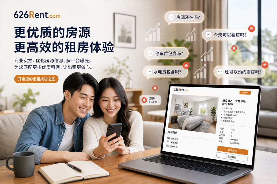 626Rent rental marketing service showing professional property listing, enhanced photos, optimized rental description, and multi-platform advertising to attract more qualified tenant inquiries.