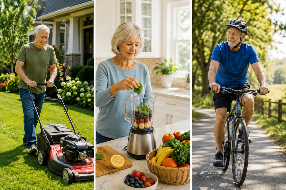 senior men and a senior woman doing everyday activities