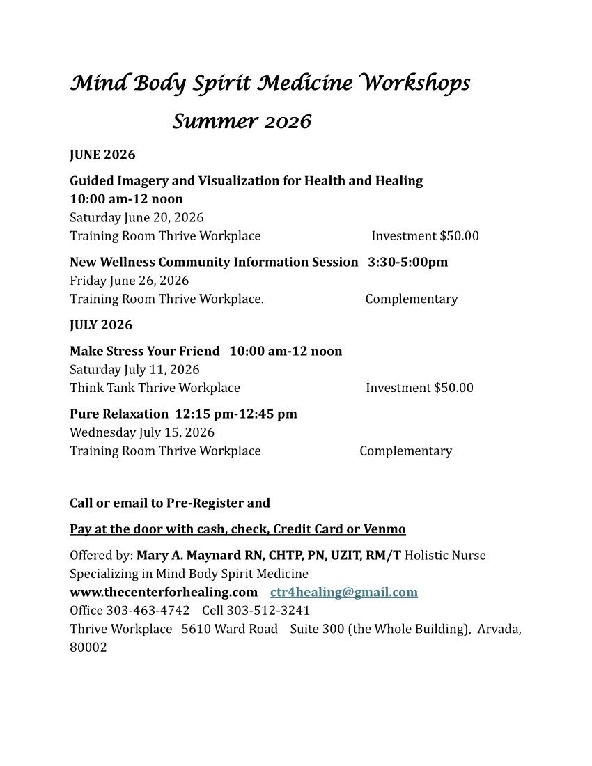 Mind body spirit medicine workshops summer 2026