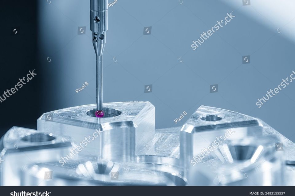 Stock photo the cmm probe measuring the aluminum automotive parts the quality control of automotive parts 2483155557