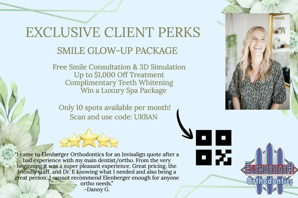 Elenberger Orthodontics Smile Glow-Up Package offer featuring $1,000 off Invisalign or braces, free teeth whitening, and a luxury spa giveawa