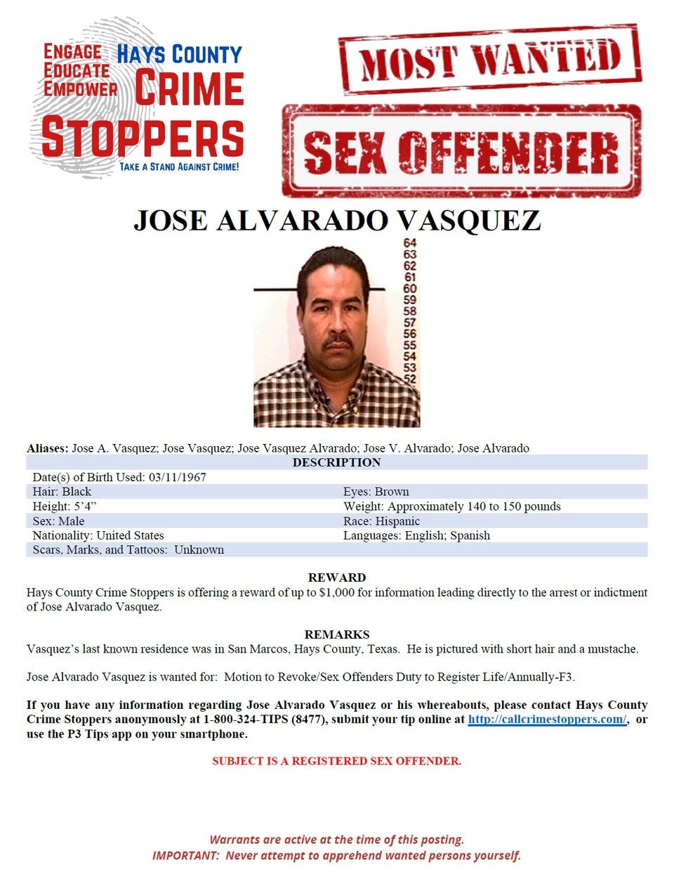 Vasquez most wanted poster