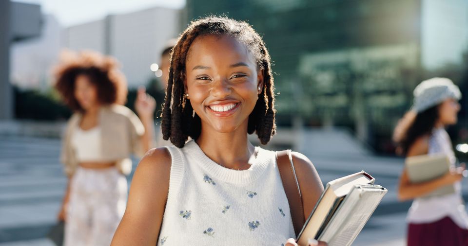 Books student and portrait of happy woman in city 2025 04 05 12 15 22 utc