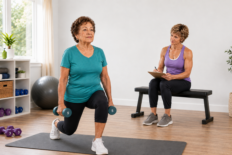 Personal trainer guiding an older woman through a strength training exercise