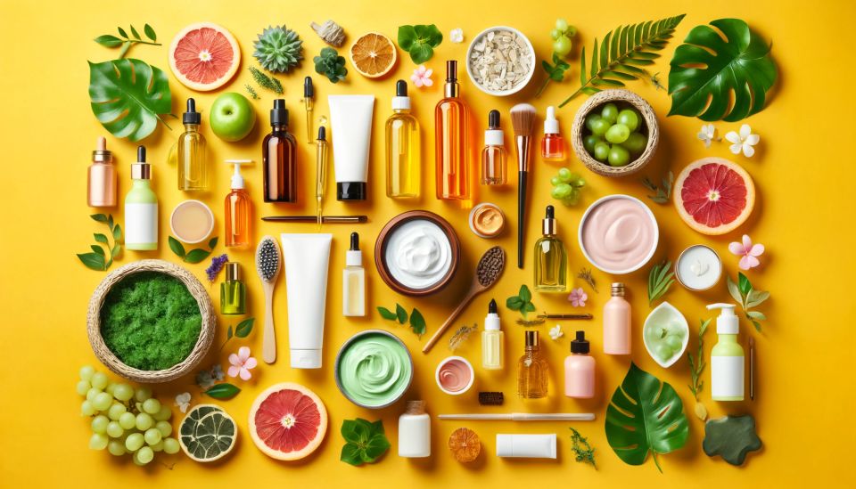 Dall·e 2024 05 08 16.51.39   create a vibrant and visually engaging flat lay arrangement representing a health  beauty  and wellness theme without any brand logo. the image should