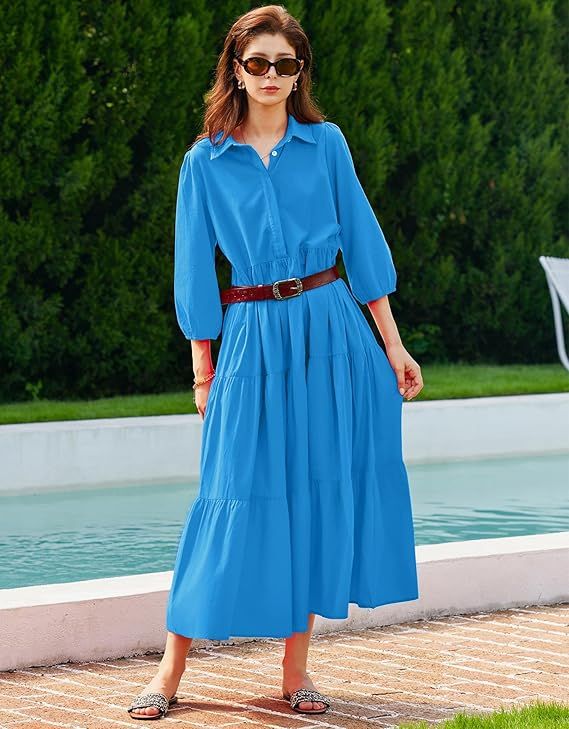 Flowy v neck maxi shirt dress – lightweight ruffled pocket friendly for effortless style