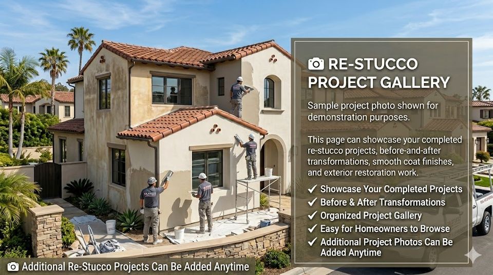 Re-Stucco Project Library Featuring Exterior Stucco Restoration, Smooth Coat Finishes, Before-and-After Transformations and Organized Project Photos