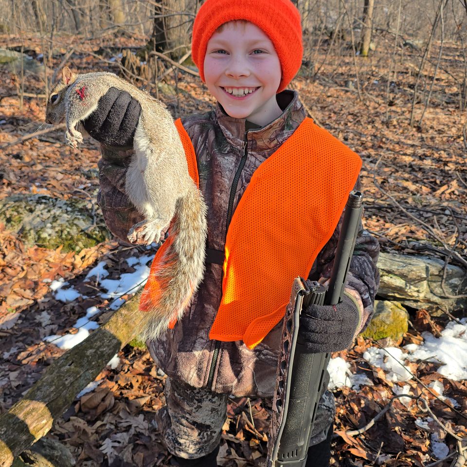 Ten-year-old Silas Dull shot his first squirrel with a 20-gauge shotgun in February