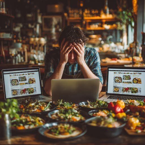 A restaurant owner with their hands on their head in frustration looking over a table full of food with 3 laptops open 