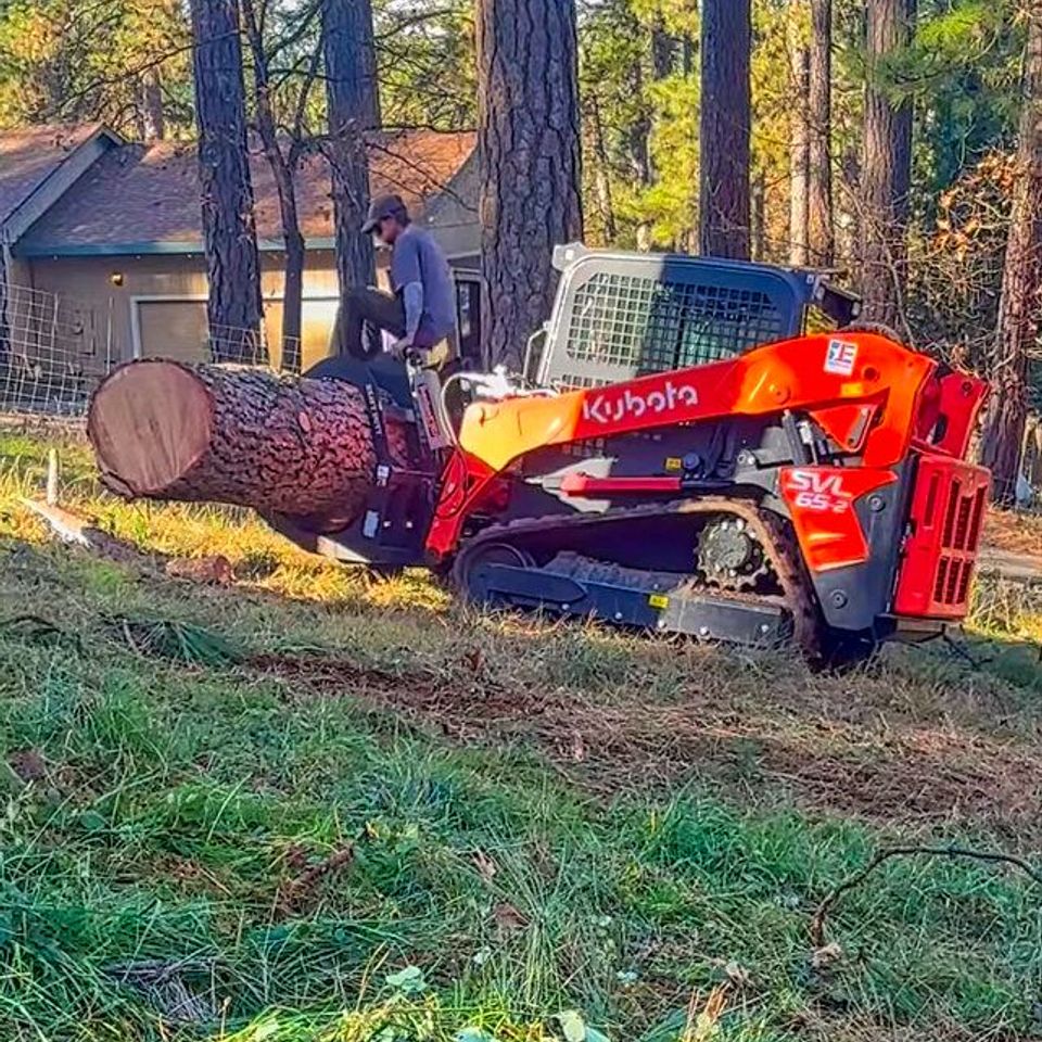 Professional log hauling and site clearing in Auburn, CA, featuring Lyons Tree Service heavy equipment moving downed timber on a large residential estate