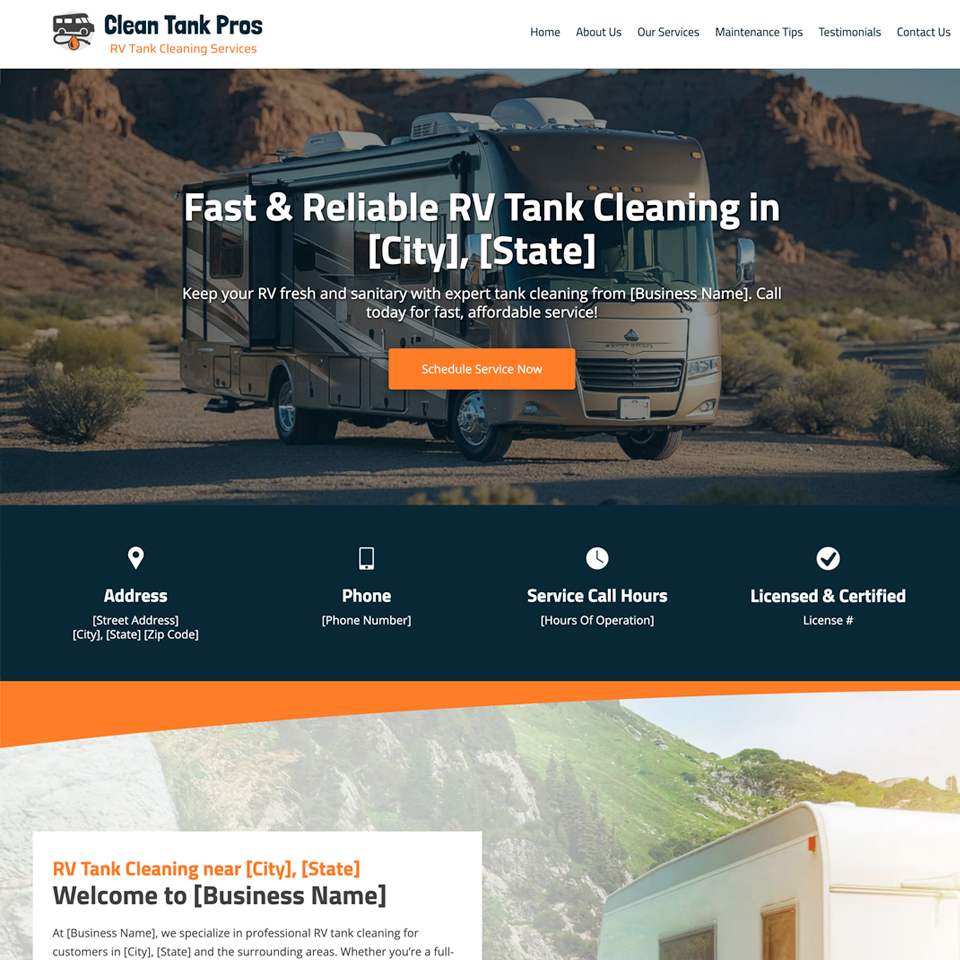 Rv tank cleaning website design theme