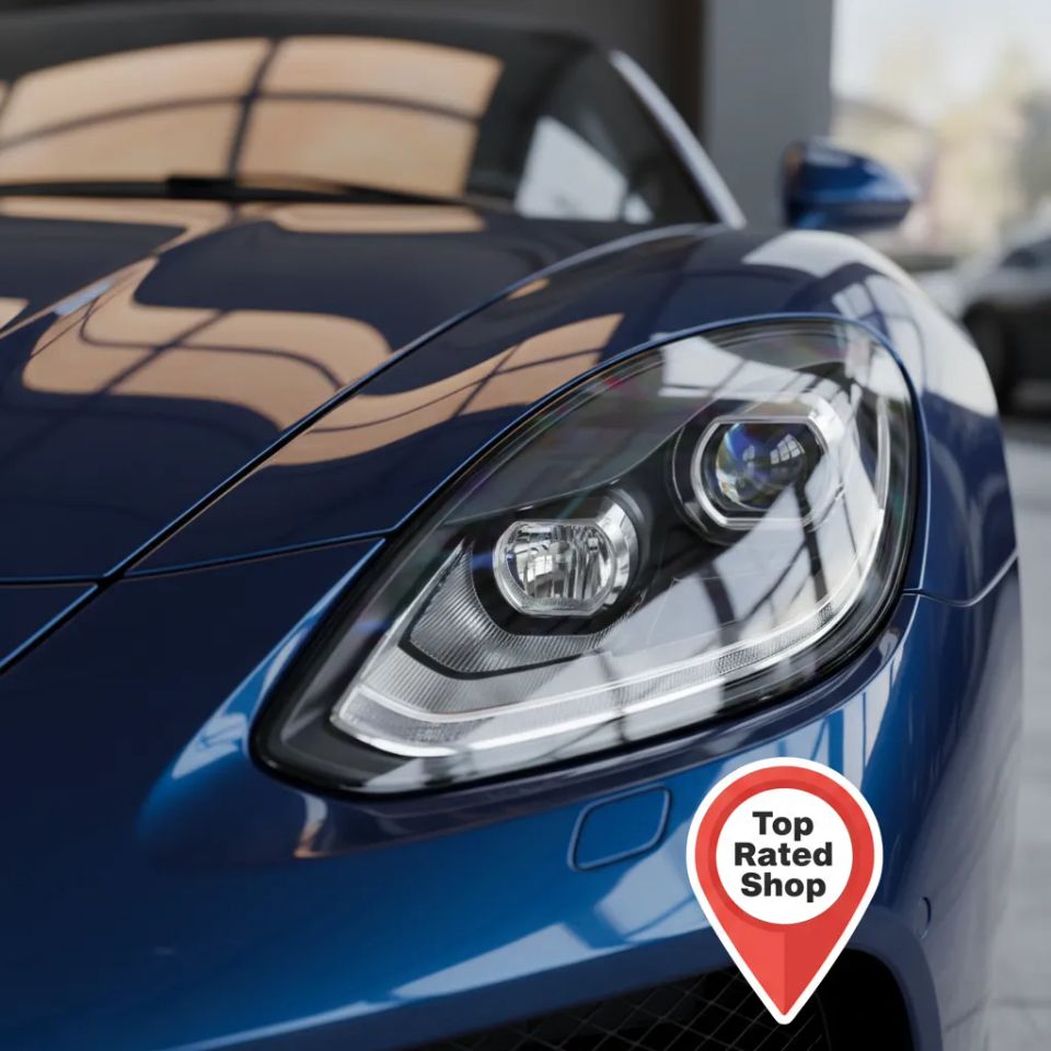 Gleaming blue luxury car headlight with a 'Top Rated Shop' map pin graphic overlay