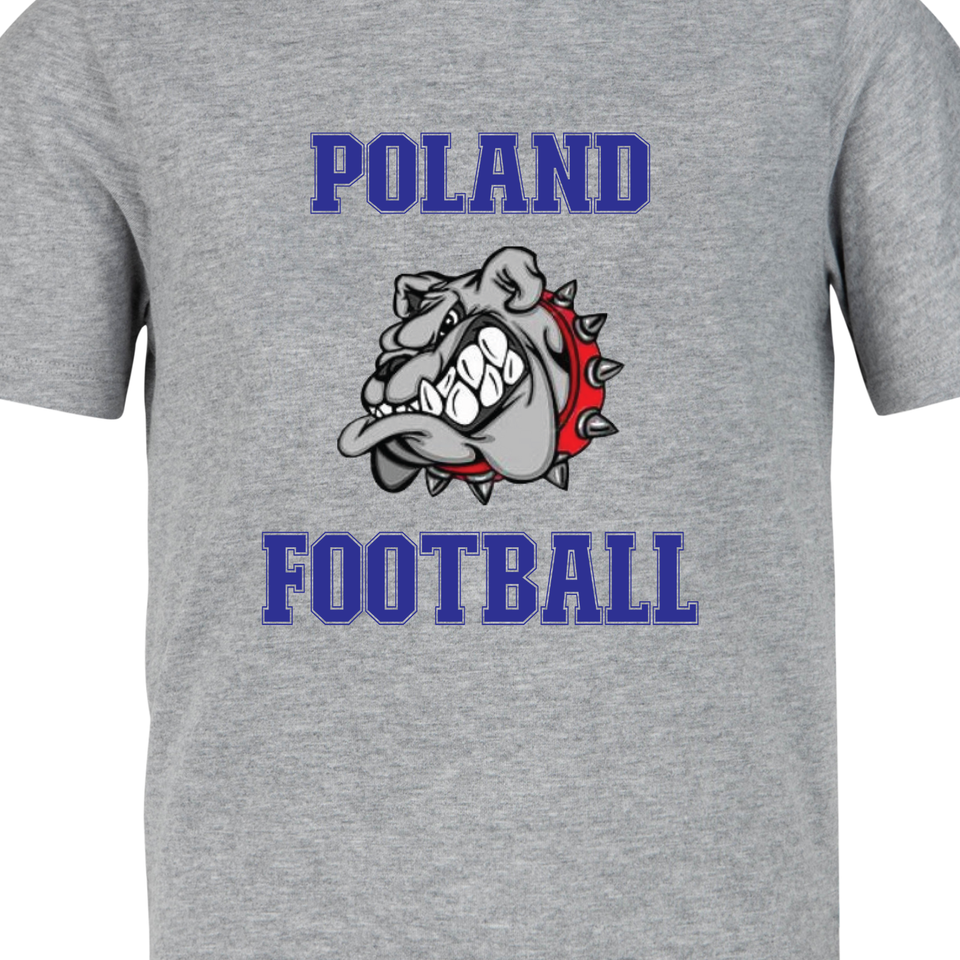 Gray Poland Football T-shirt with blue lettering and a bulldog mascot graphic printed on the front.