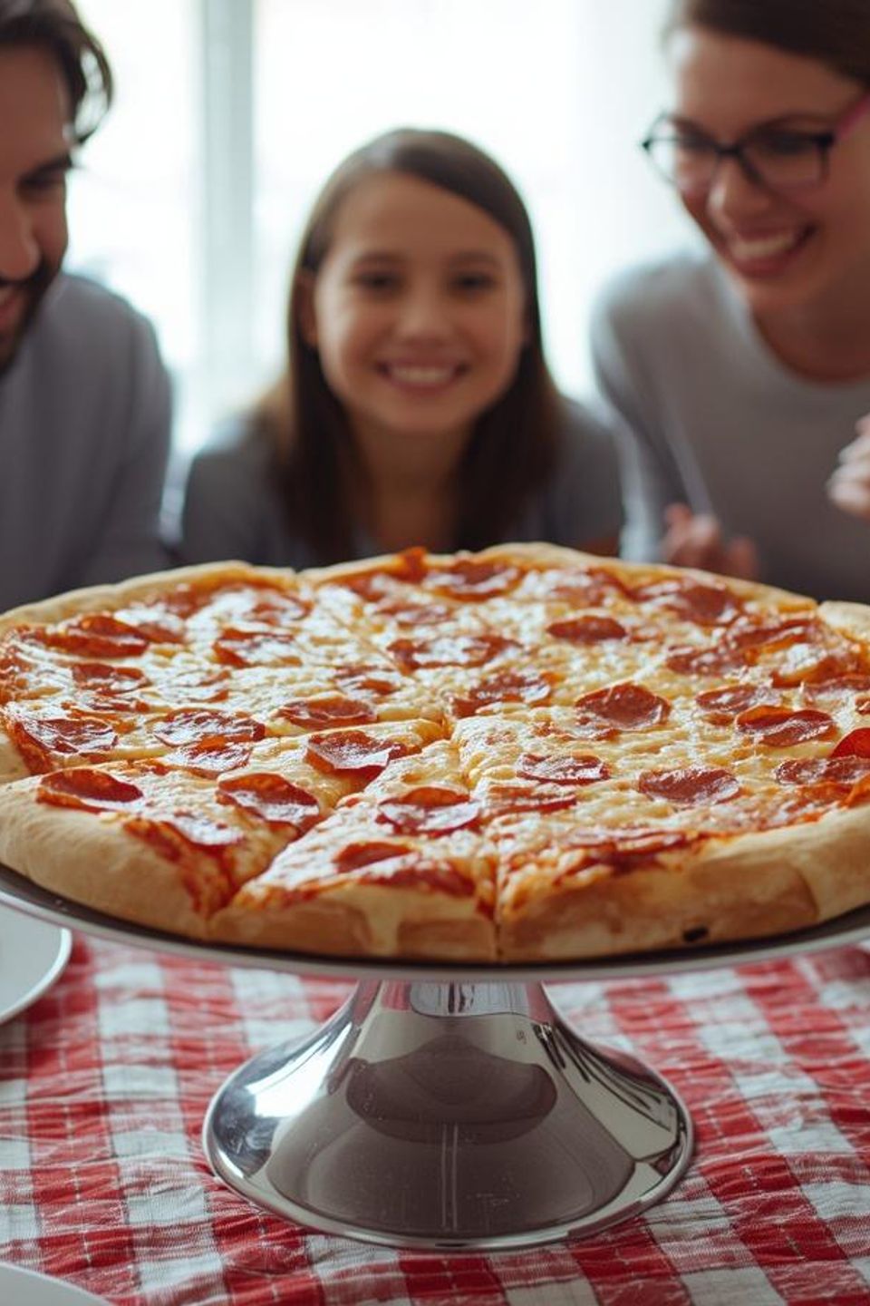 Bright photo of a family eating a largecheesy pepperoni pizza on a chrome pedistool holder on table with red and white plaid table clothe with white plates