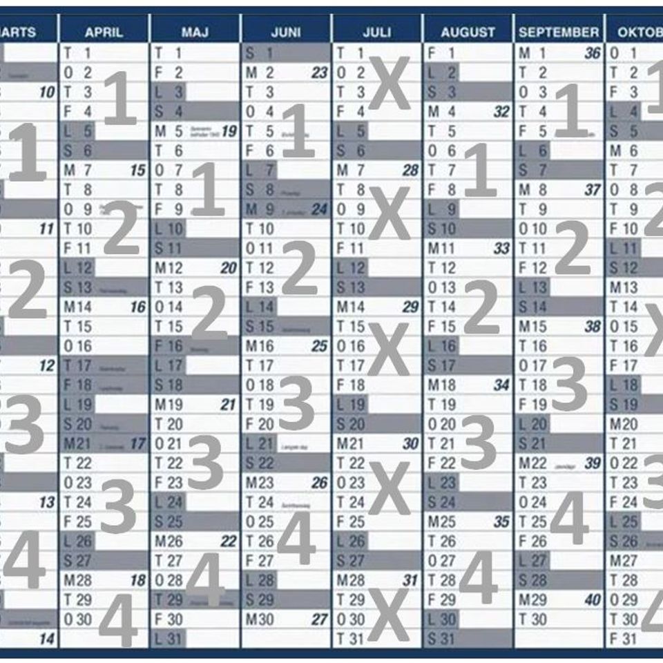 Kalender med ugenumre og markering af pudseuger for område 1, 2, 3 og 4 samt pudsefri uger