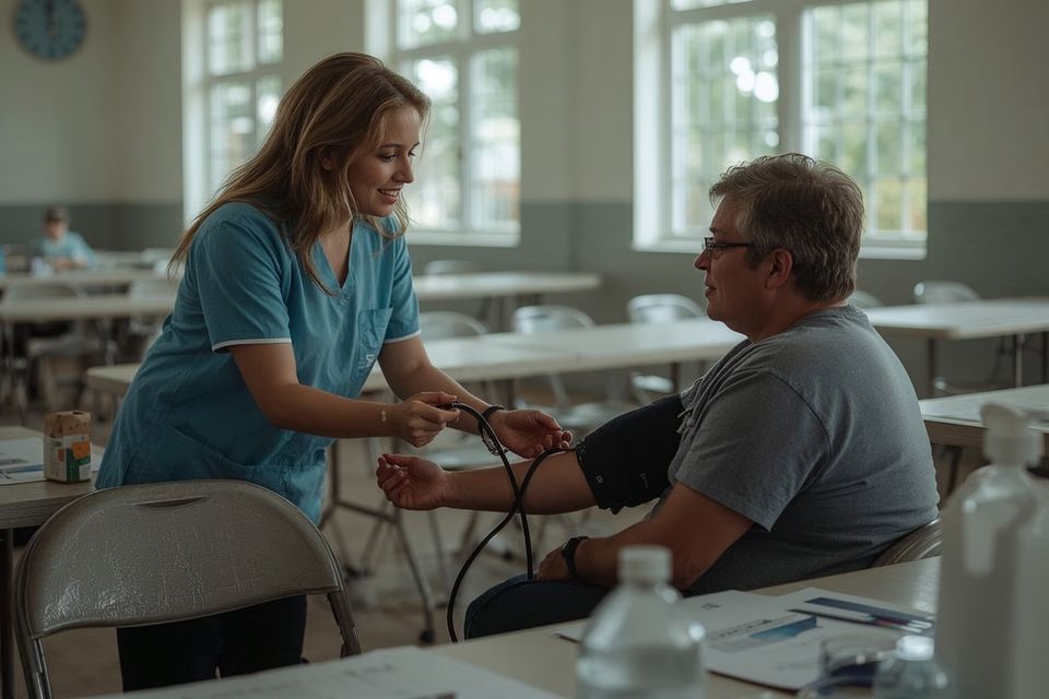 Volunteer nurse checking a patient's blood pressure at a free clinic