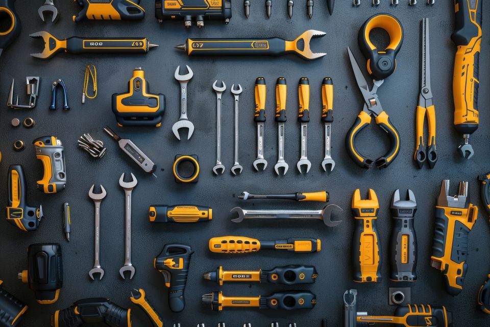 Collection tools hardware including wrenches pliers screwdrivers dark background