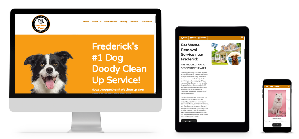 Doo-Doo Time pet waste removal website at FITCI in Frederick Maryland shown on desktop, tablet, and smartphone with bold design and dog cleanup service details.