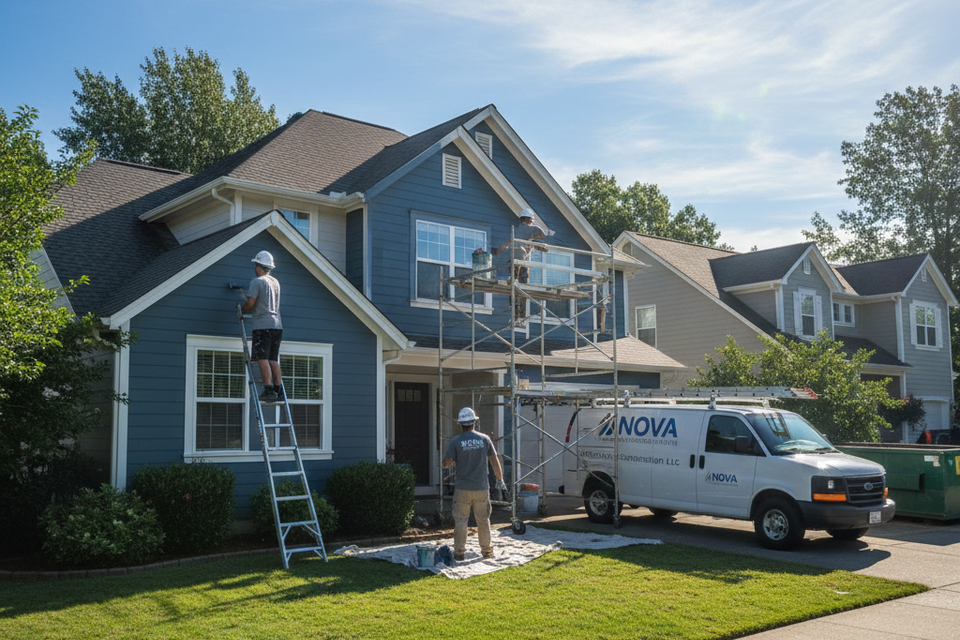 Nova Roofing + Construction LLC professional painters applying high-quality blue and beige exterior paint to a large two-story residential home using professional scaffolding.