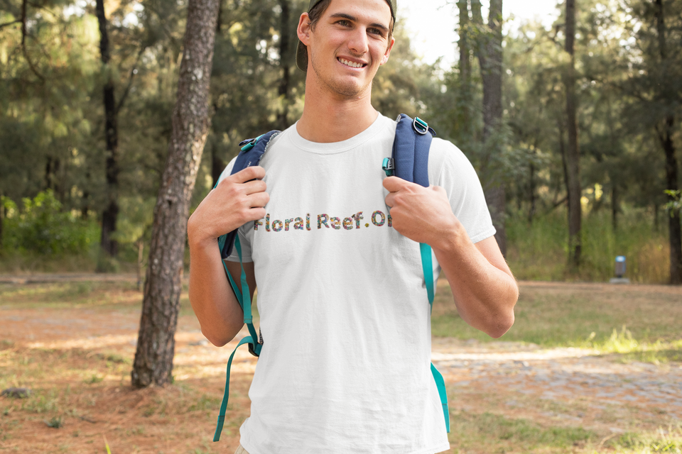 T shirt mockup featuring a smiling man hiking at the woods 32242