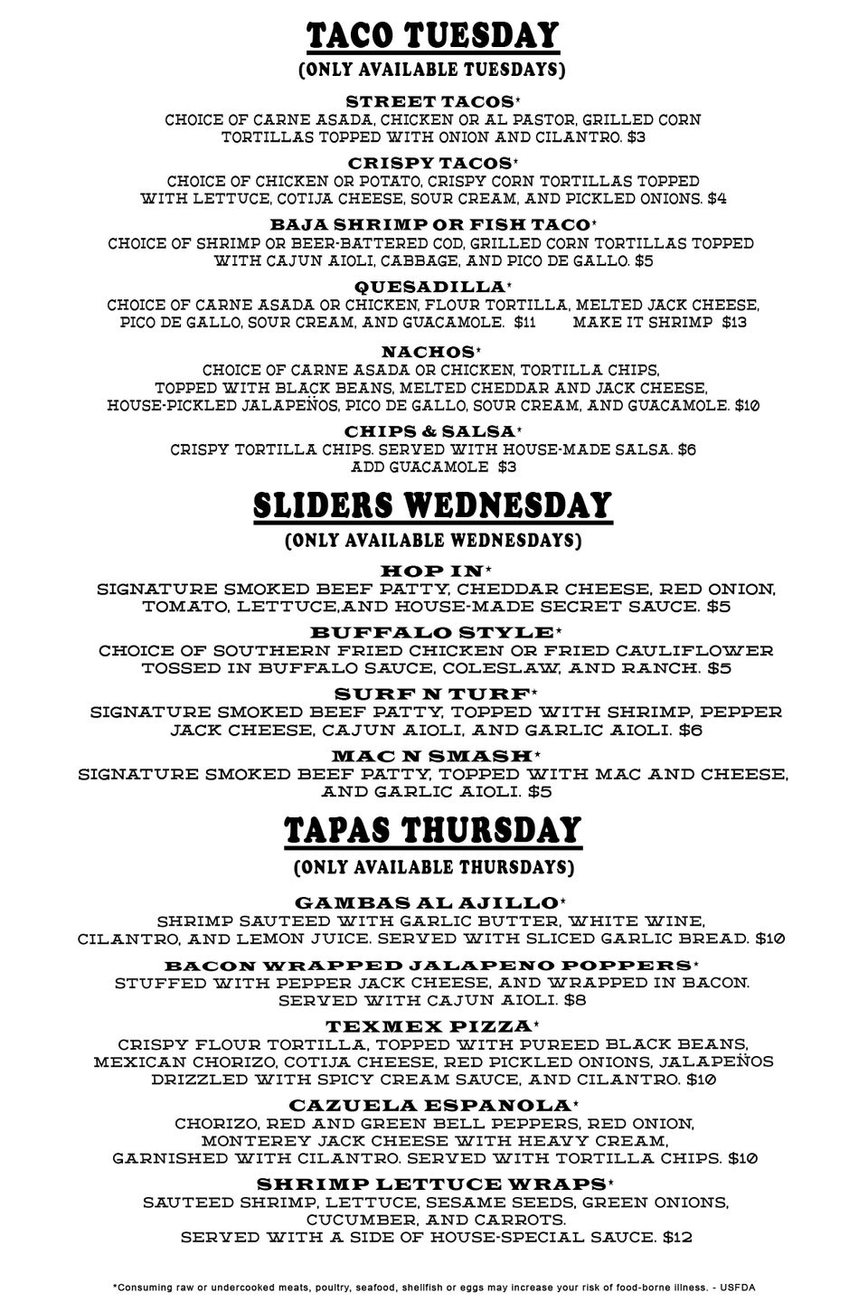 New food menu 2024 tue wed thur