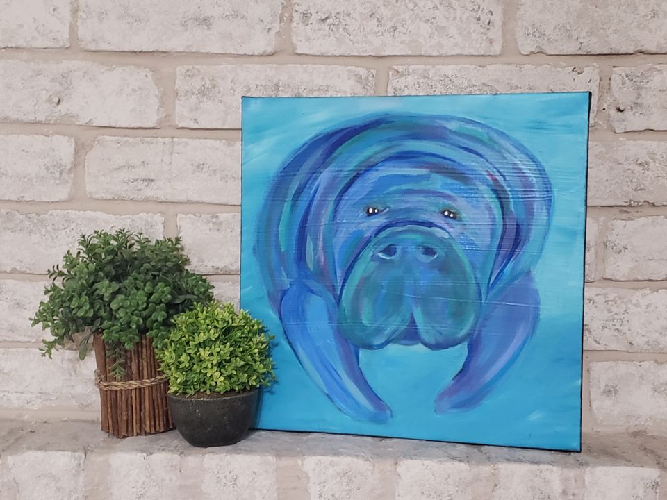 manatee blue purple acrylic painting artwork by artist Emily Albright