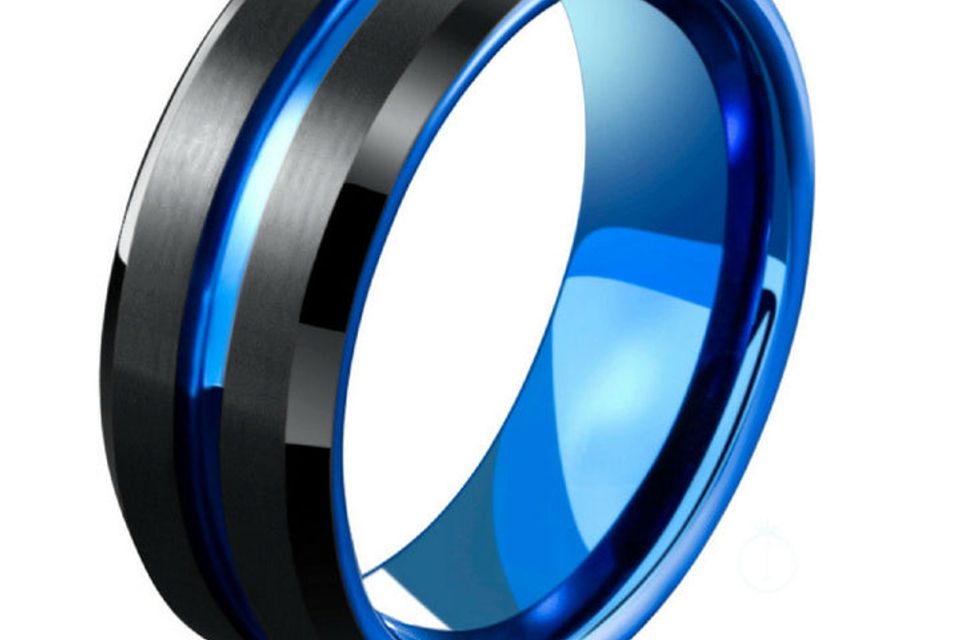 Mens tungsten wedding band with blue carved channel and black top copy 3(1)