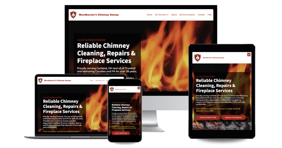 Woodburner’s Chimney Sweep website displayed on desktop, laptop, tablet, and mobile devices, showcasing responsive chimney cleaning, repair, and fireplace service web design.