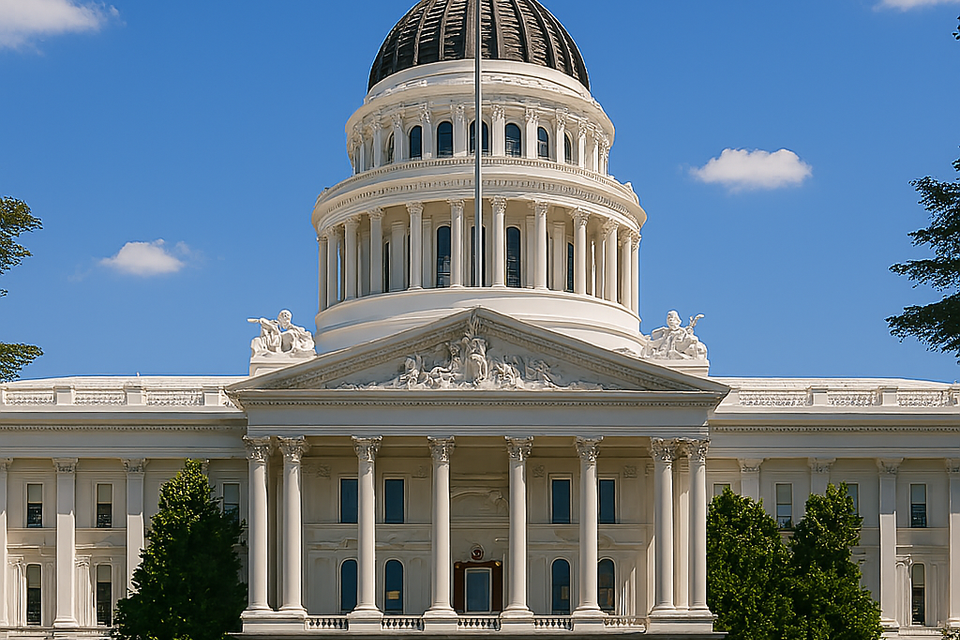 Landmark image of the California State Capitol building in Sacramento with white dome, Corinthian columns, and surrounding trees under clear blue skies
