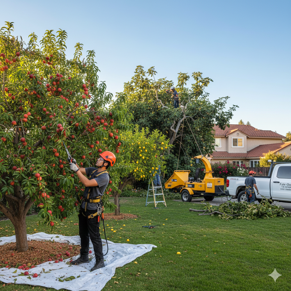 Residential fruit tree trimming and removal service with professional arborists using pruning shears and safety gear, tarp spread beneath tree, wood chipper and service truck visible in a well-maintained suburban yard.