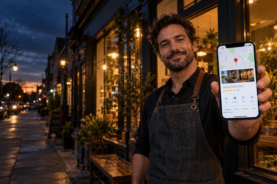 Small business owner outside his shop at dusk holding a phone showing his Google Business Profile on Google Maps