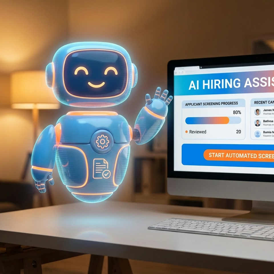 Firefly gemini flash make an image of a friendly ai hiring assistant that automates the first steps of rec 455937