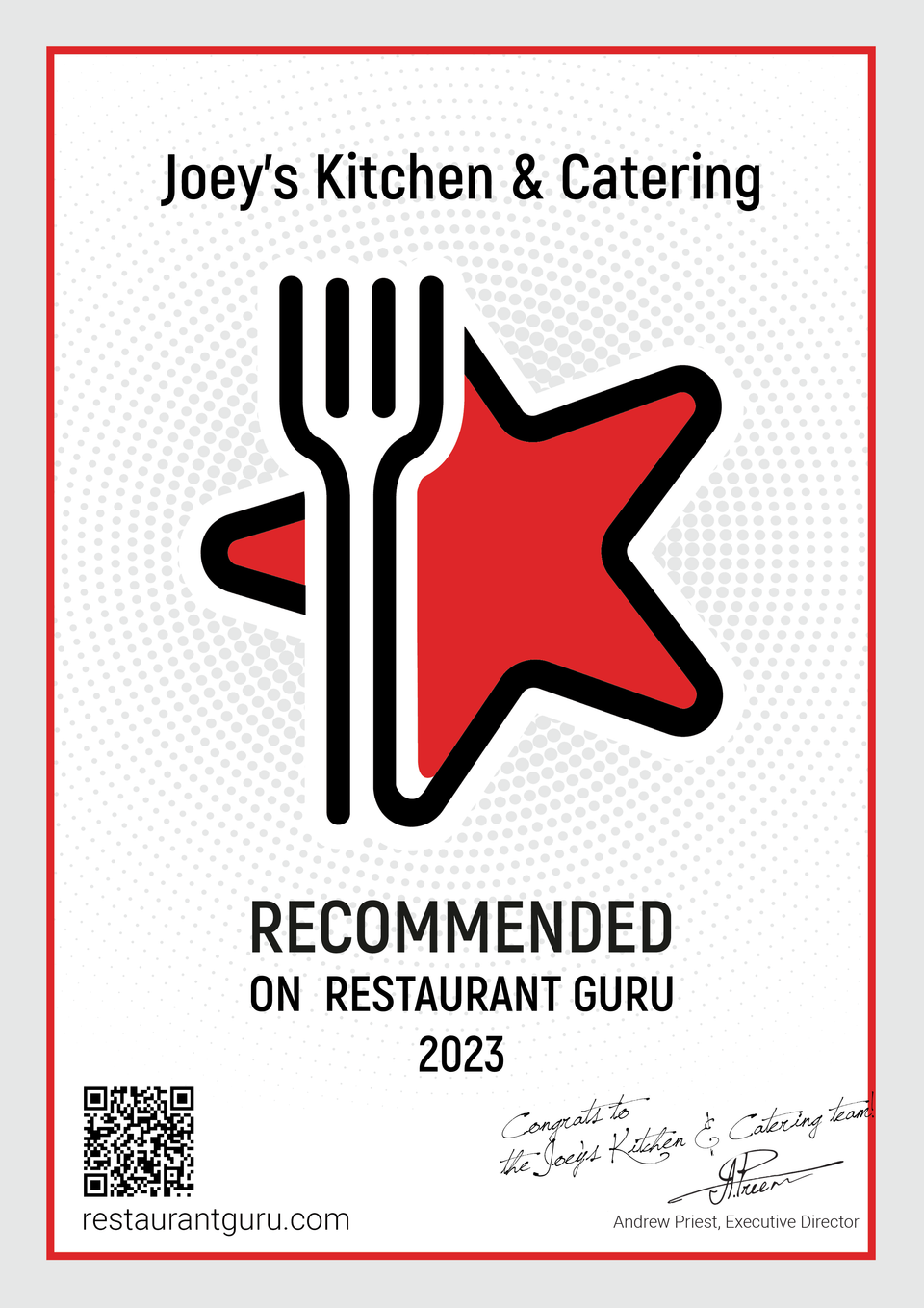 Joey's kitchen restaurant guru award 2023