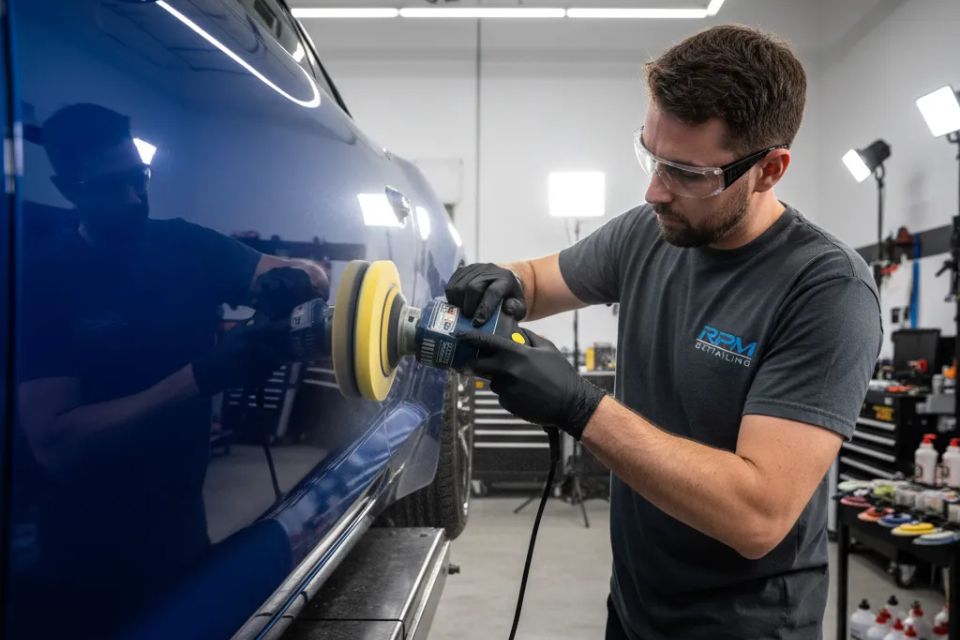 Professional auto detailer performing paint correction and machine polishing on blue sports car.