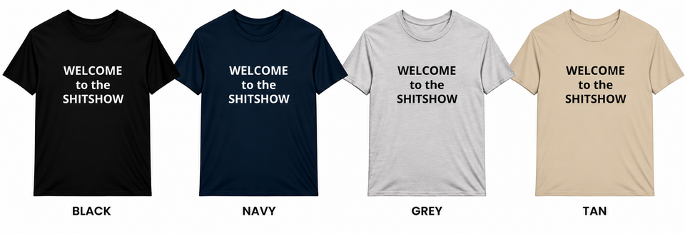 Four shirt color mockups with welcome design